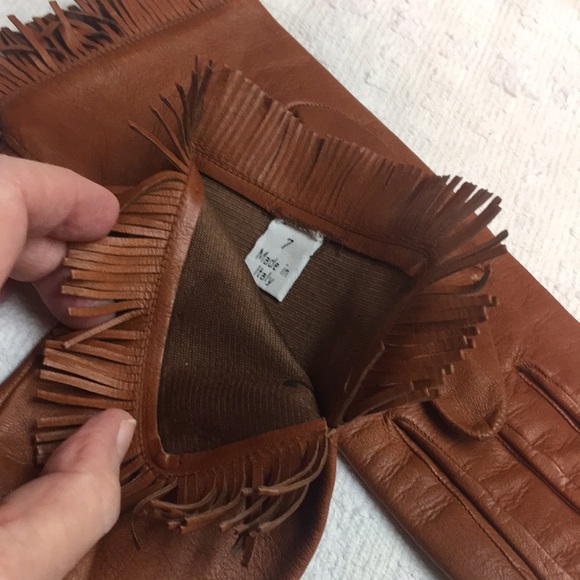 Cognac Brown Real Leather Fringe Gloves, made in Italy, sz7 - Picture 2 of 6